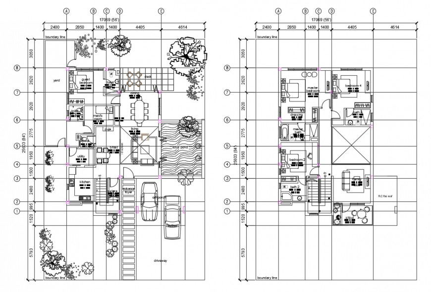 Ground and first floor distribution plan details of residential villa dwg file