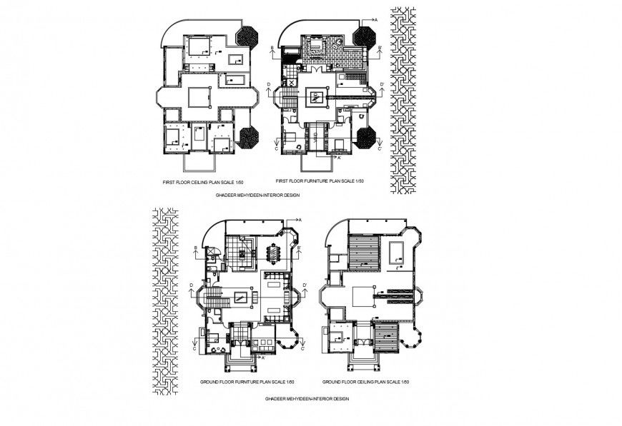Ground and first floor distribution plan of house with ceiling plan dwg file