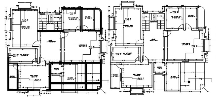 Ground and first floor distribution plan of residential bungalow dwg file