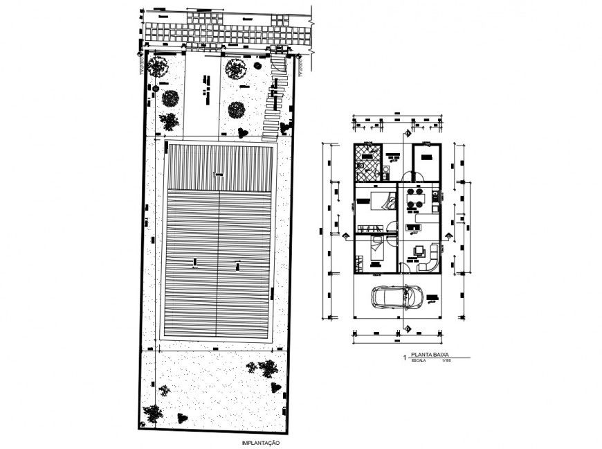 Ground and first floor distribution plan of residential house dwg file