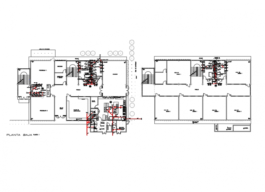 Ground and first floor office building layout plan in DWG file