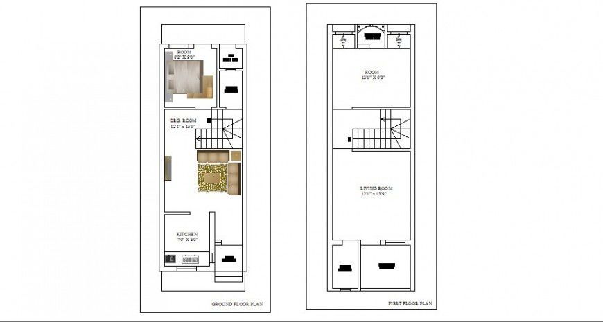 Ground and first floor layout plan details of house for one family dwg file