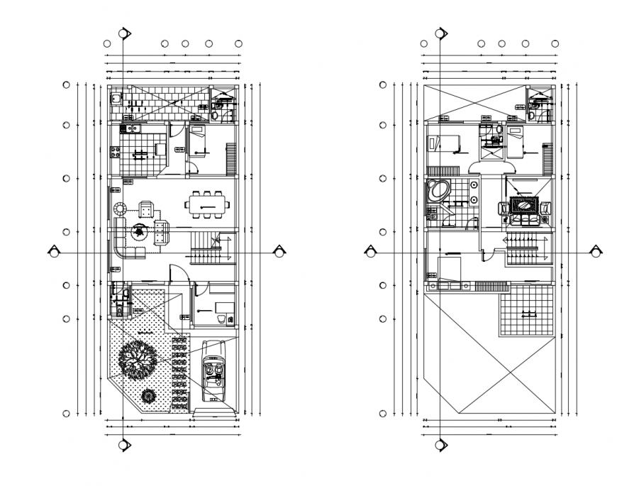 Ground and first floor layout plan details of one family two-level house dwg file
