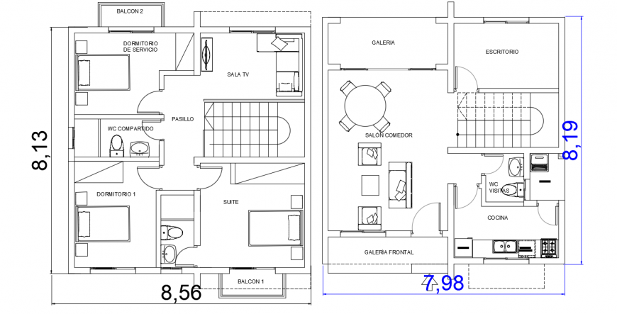 Ground and first floor layout plan details of two level house dwg file