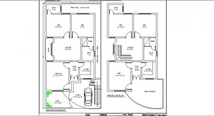 Ground and first floor layout plan details of two story residential house dwg file