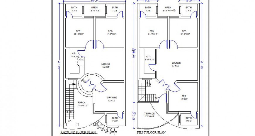 Ground and first floor plan details of five bedroom house dwg file