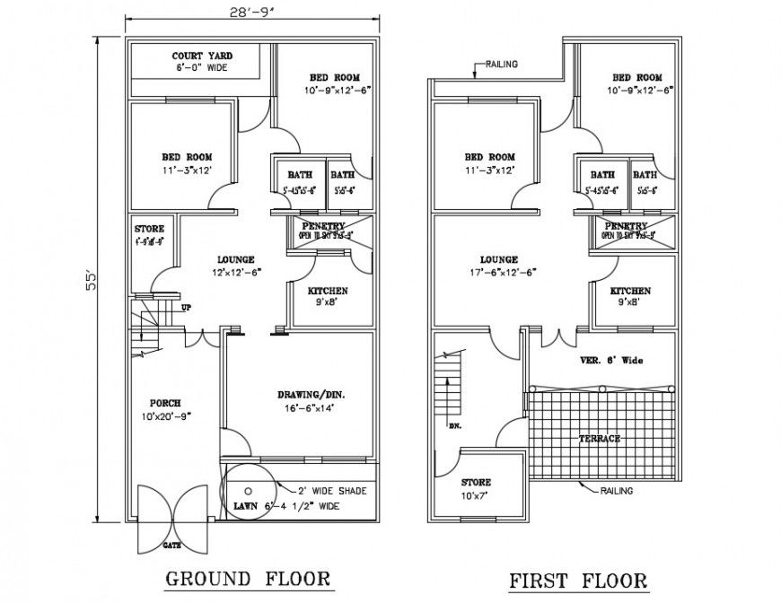 Ground and first floor plan details of four bedroom house dwg file