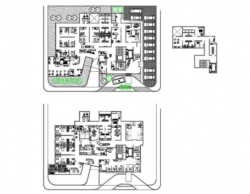 Ground and first floor plan details of multi-specialty hospital dwg file