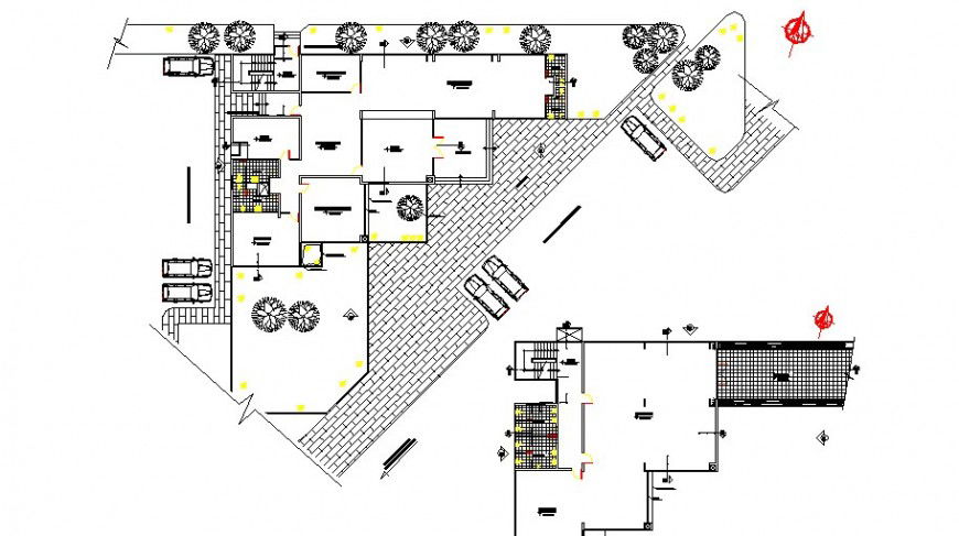 Ground and first floor plan details of office building dwg file