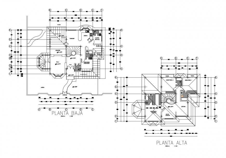 Ground and first floor plan details of residential bungalow dwg file
