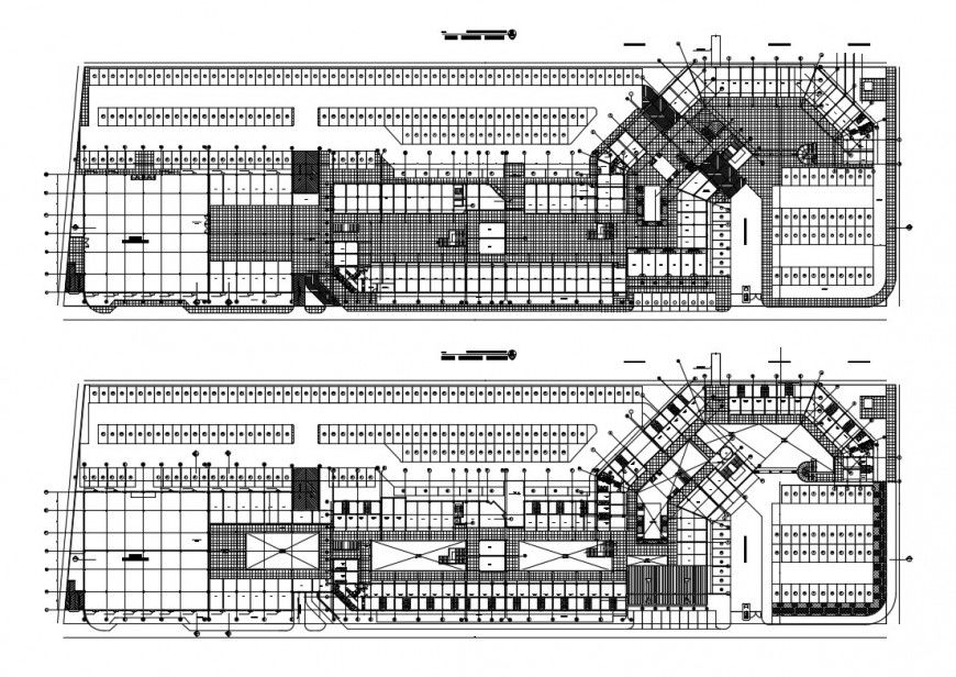 Ground and first floor plan details of shopping mall building dwg file