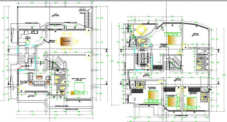 Ground and first floor plan details of two-level house dwg file