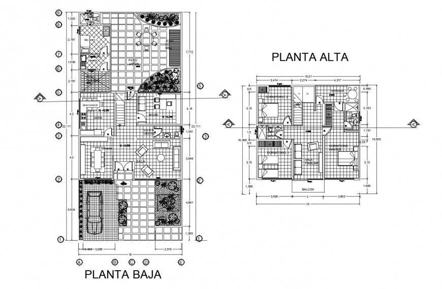 Ground and first floor plan details of two story residential house dwg file
