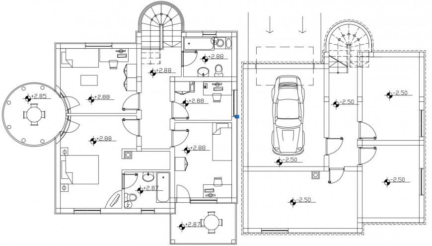 Ground and first floor plan details of uni-familiar house dwg file