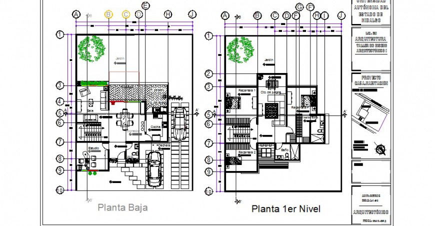 Ground and first floor plan drawing details of one family house dwg file
