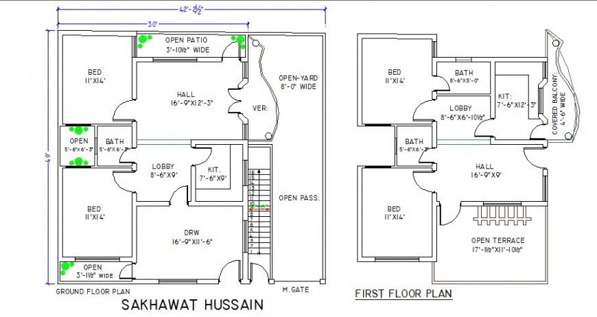 Ground and first floor plan with furniture of single family house dwg file