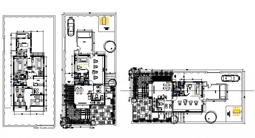Ground floor, first floor and second floor plan details of office building dwg file