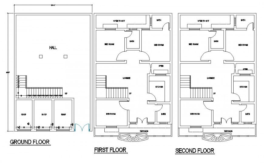 Ground floor, first floor and second floor plan of flat drawing in dwg AutoCAD file.