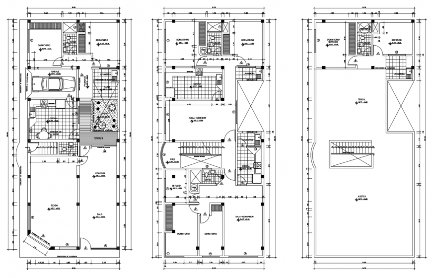 Ground floor, first floor and terrace floor plan details of house dwg file