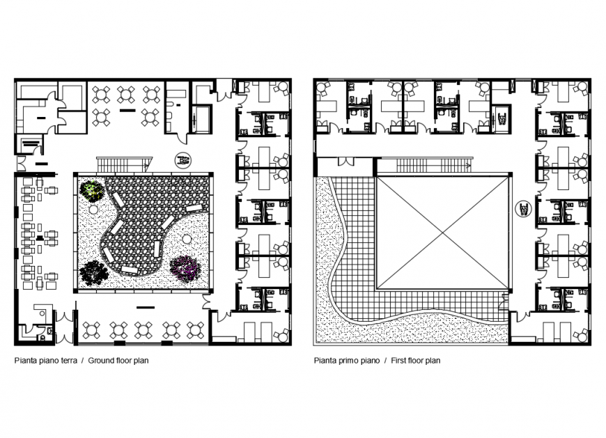Ground floor, first floor and terrace plan details of multi family housing apartment building dwg file