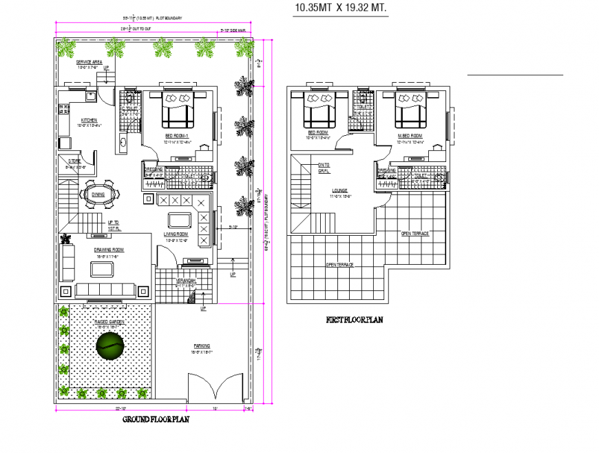Ground floor and first floor housing plan detail dwg file