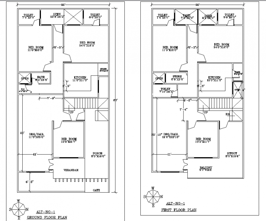 Ground floor and first floor layout plan of a bungalow in dwg AutoCAD file.