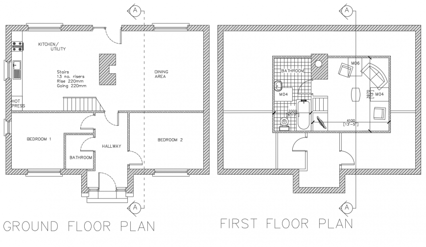 Ground floor and first floor plan details of one family house dwg file