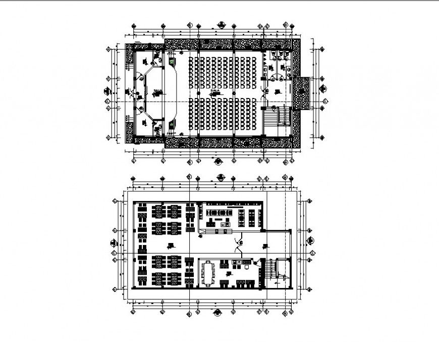 Ground floor and first floor plan of auditorium hall cad drawing details dwg file