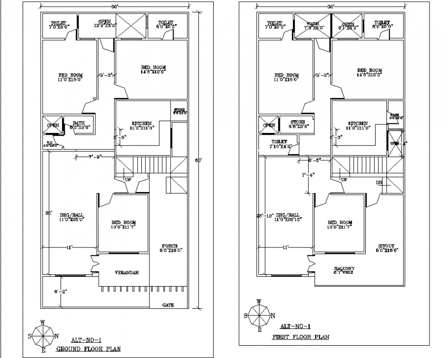 Ground floor and first floor plan of bungalow in dwg file.