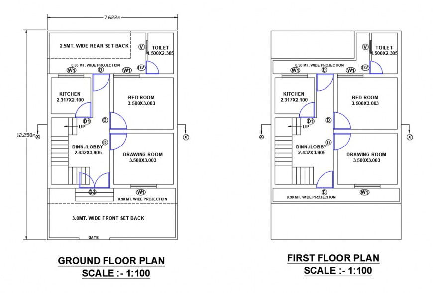 Ground floor and first floor small house planning autocad file