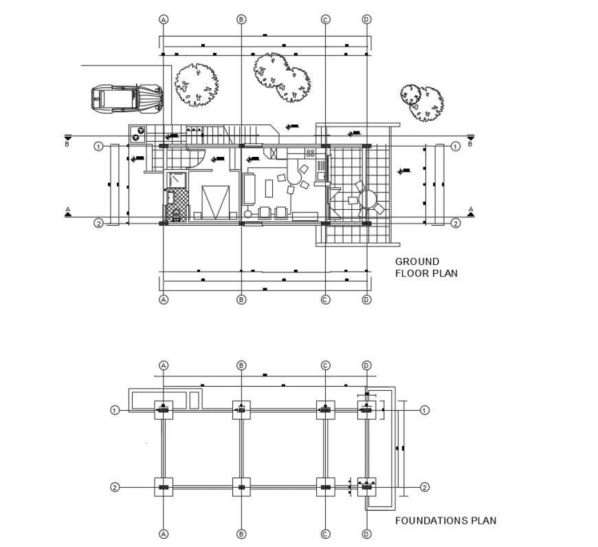 Ground floor and foundation plan drawing details of one family house dwg file