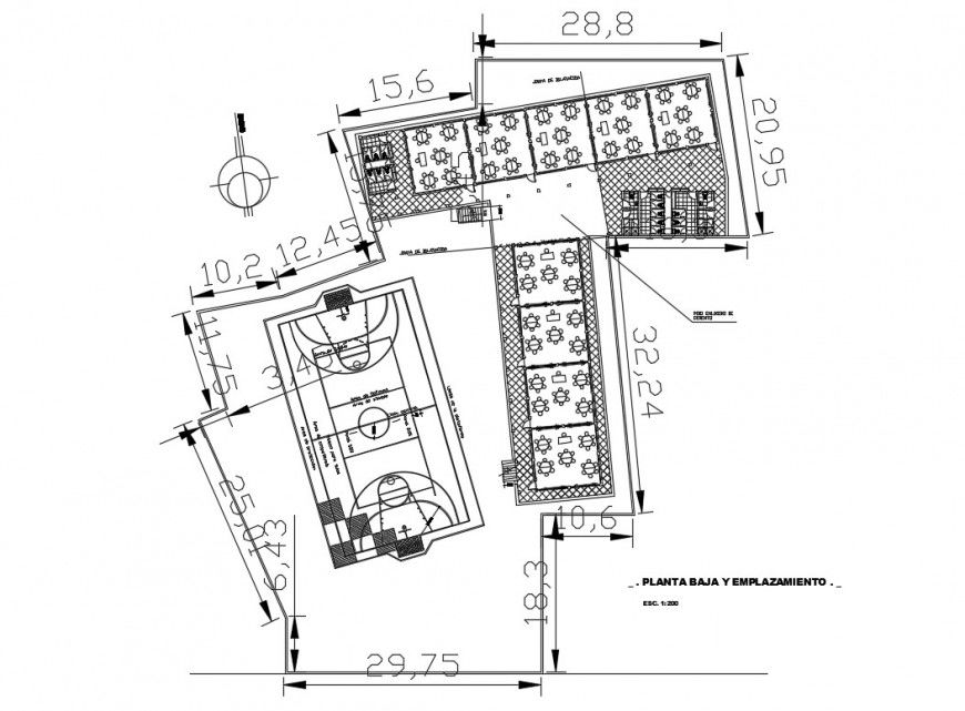 Ground floor and location map details of school building dwg file
