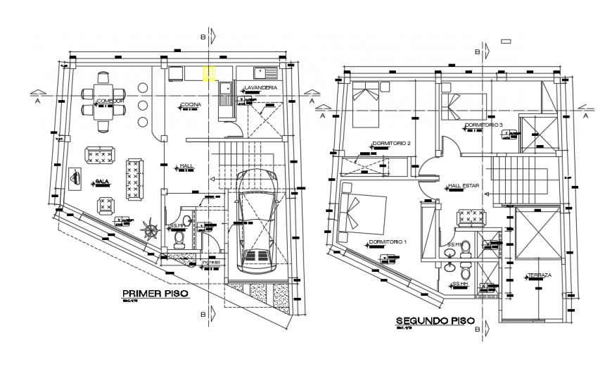 Ground floor and second floor layout plan top view detail dwg file