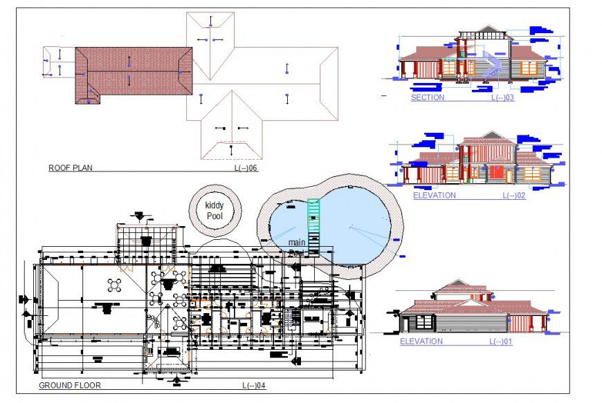 Ground floor club house plan, elevation and section detail dwg file