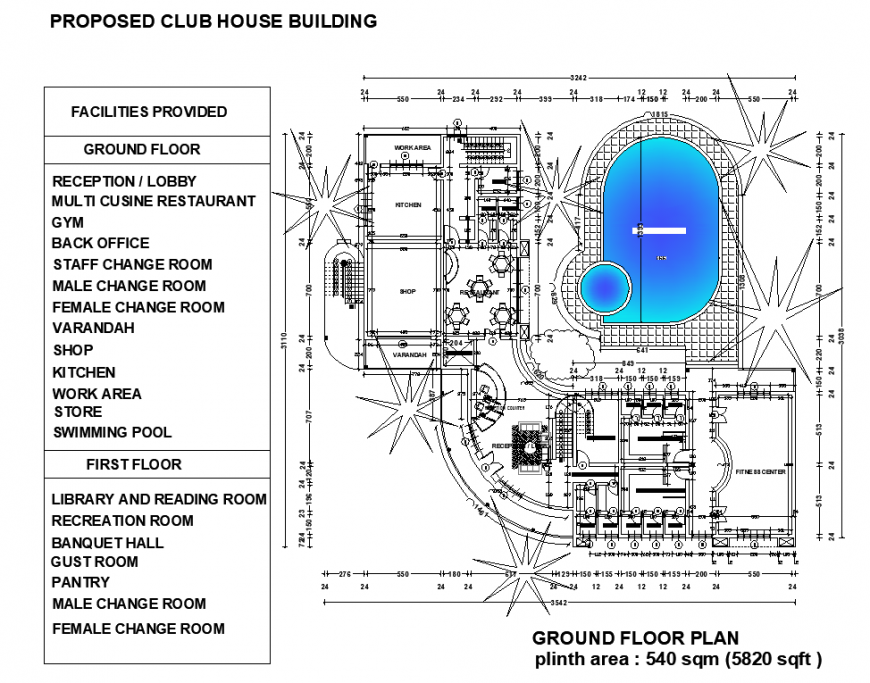 Ground floor club house planning autoad file