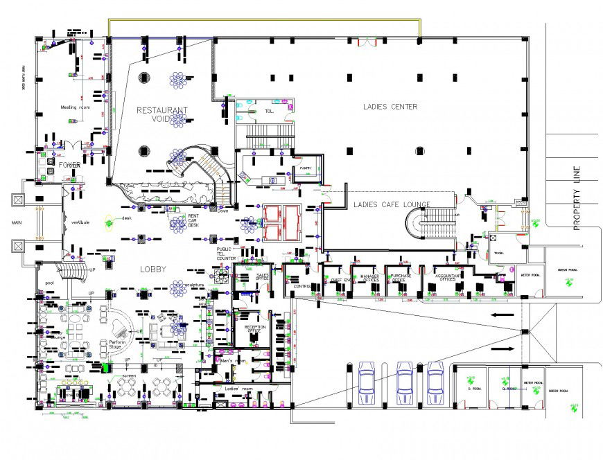 Ground floor commercial building furniture detail dwg file