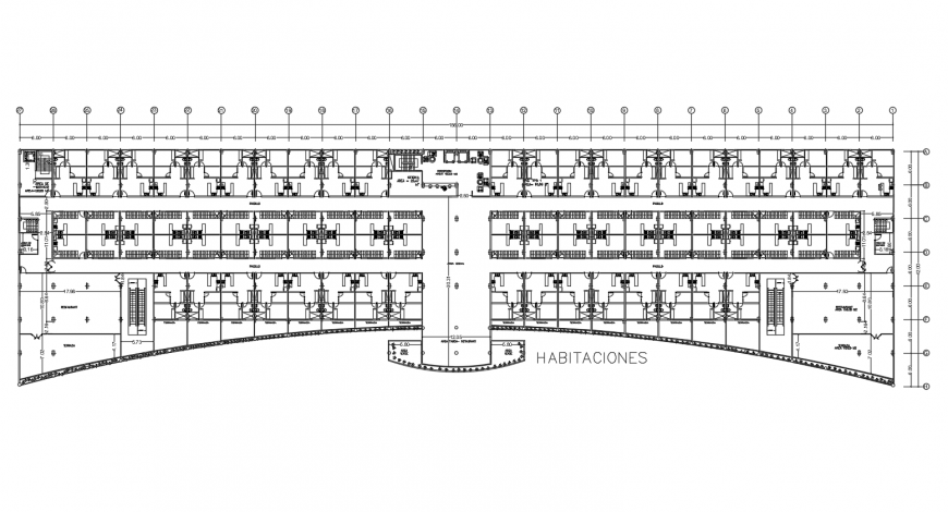 Ground floor distribution layout plan details of multi-story hotel building dwg file