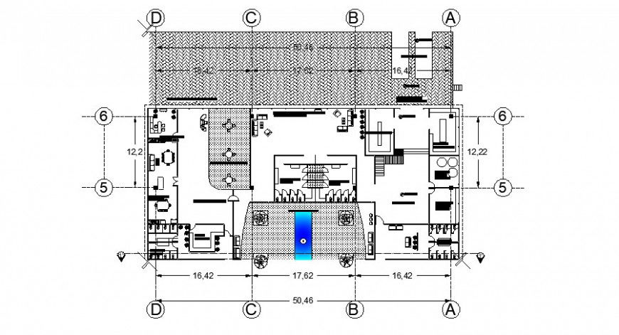 Ground floor distribution plan details of corporate office building dwg file