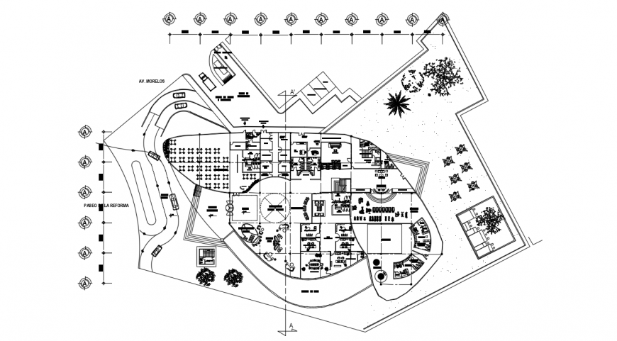Ground floor distribution plan details of fiver star hotel building dwg file