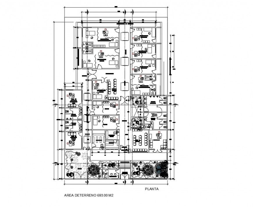 Ground floor distribution plan details of health center building dwg file