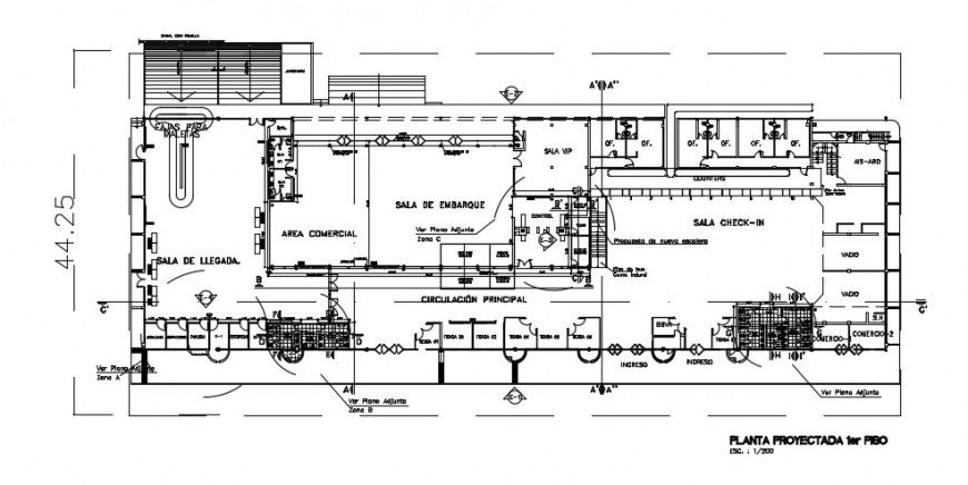 Ground floor distribution plan details of international airport dwg file