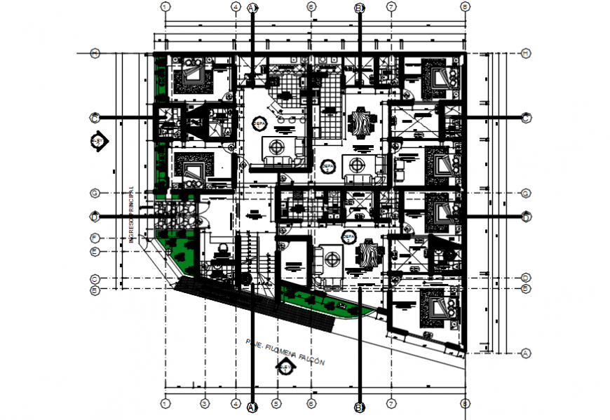 Ground floor distribution plan of apartment building dwg file