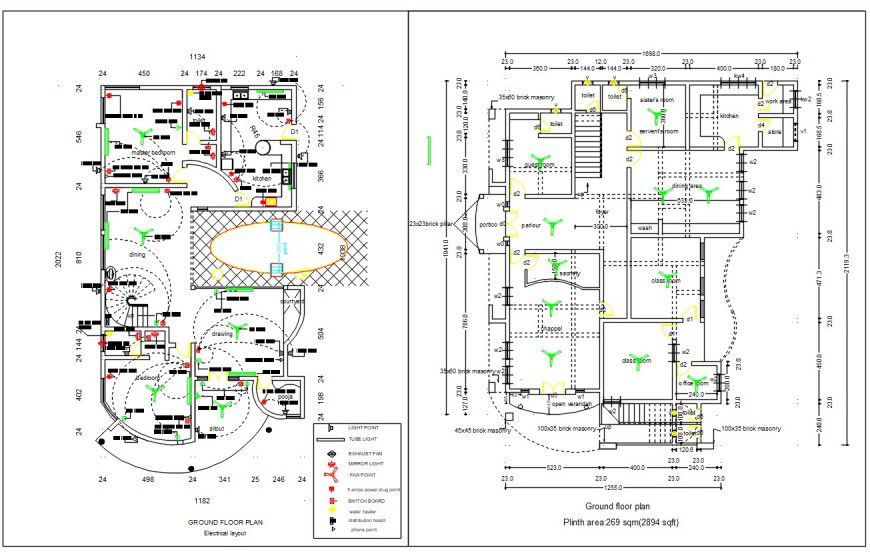 Ground floor distribution plan with electrical installation drawing details dwg file
