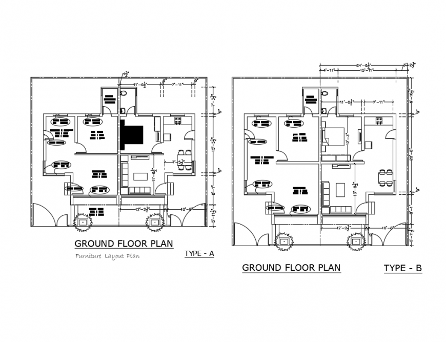 Ground floor layout details of single story house dwg file