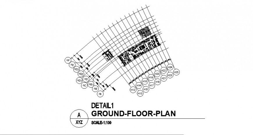 Ground floor layout plan details of multi-story hotel building dwg file