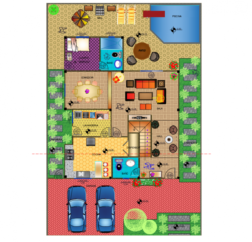 Ground floor layout plan details of one family residential house dwg file