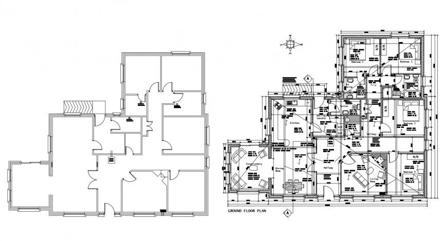 Ground floor layout plan with furniture layout cad drawing details dwg file