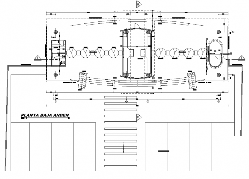 Ground floor plan detail elevation layout of a water treatment building dwg file