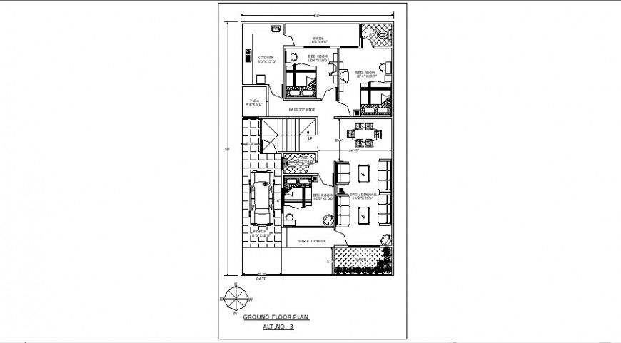 Ground floor plan details of house with three bedrooms drawing details dwg file