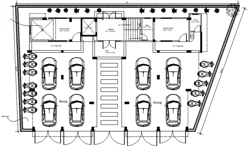Ground floor plan details of residential flats building dwg file